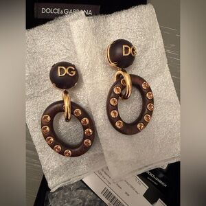 Dolce & Gabbana Brown and Gold Wood Rhinestones Earrings NWT